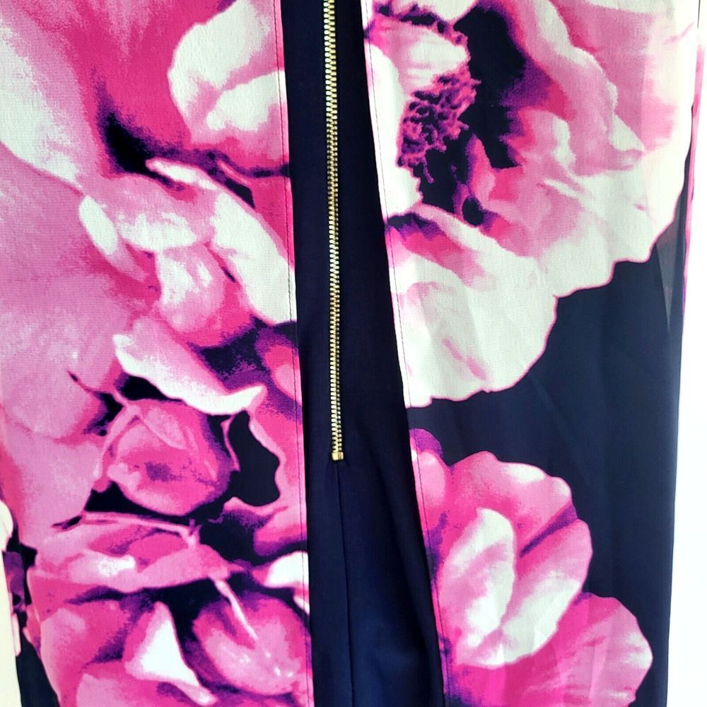 Eliza J Size 12 Multi-Colored Floral Chiffon Overlay Dress Back Zip Black Pink - Picture 9 of 15